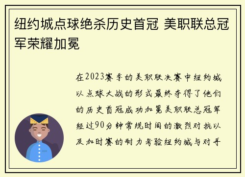 纽约城点球绝杀历史首冠 美职联总冠军荣耀加冕